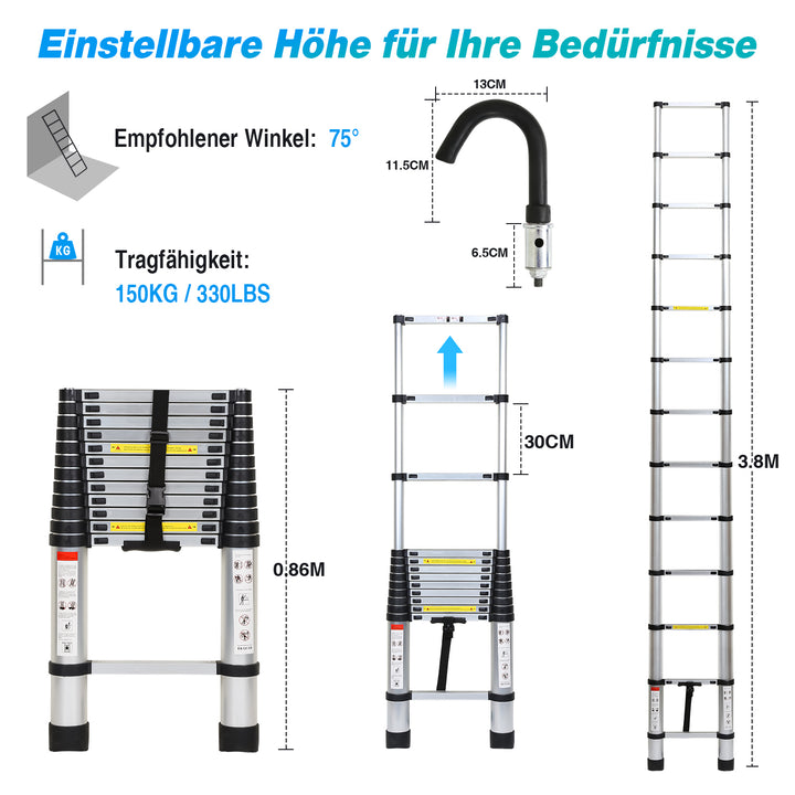 Sonnewelt telescopic ladder with 2 removable hooks