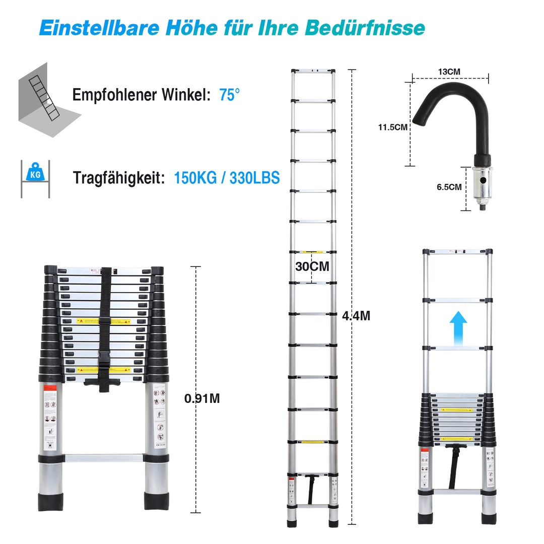 Sonnewelt telescopic ladder with 2 removable hooks